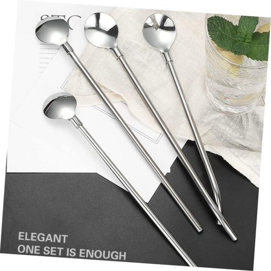 4 Pcs Set Stainless Steel Spoon With Straw Reusable Spoon Cocktail Stirrers For Drinks Drinking Straw