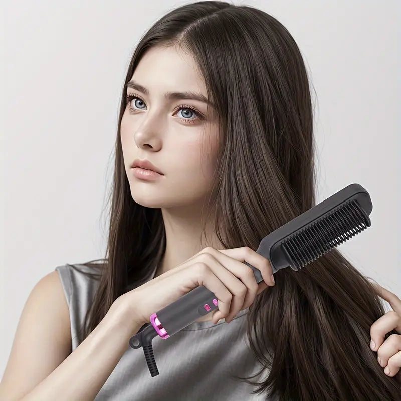 2-in-1 Electric Hair Straightener & Curler - Heated Brush Comb ( Random Color)